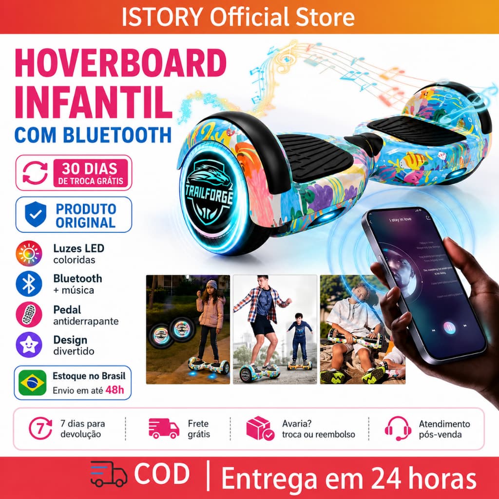 Skate Elétrico Infantil 6.5 Polegadas Bateria Grande Capacidade Bluetooth Luz LED