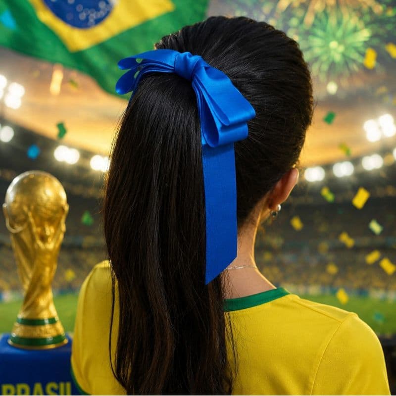 Laço com pontas adulto e infantil com tema Copa Futebol Verde e amarelo para rabo de cavalo