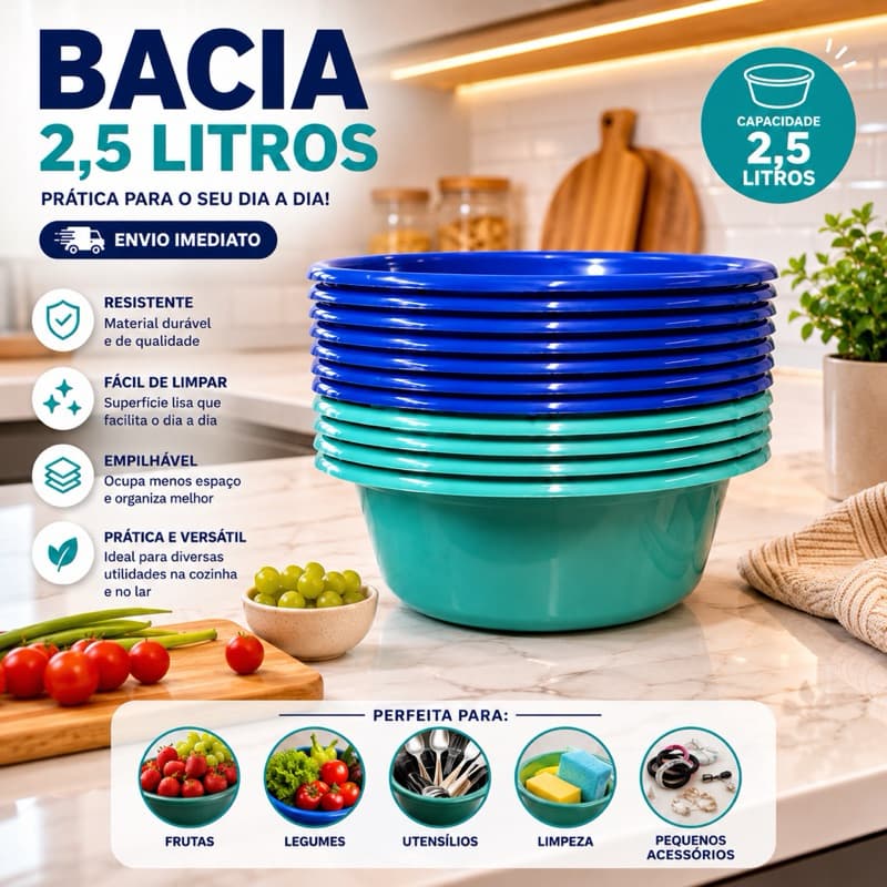 Kit Bacia Cozinha de Plástico BPA FREE 2,5 litros Alta Qualidade e Resistente 2 Unidades