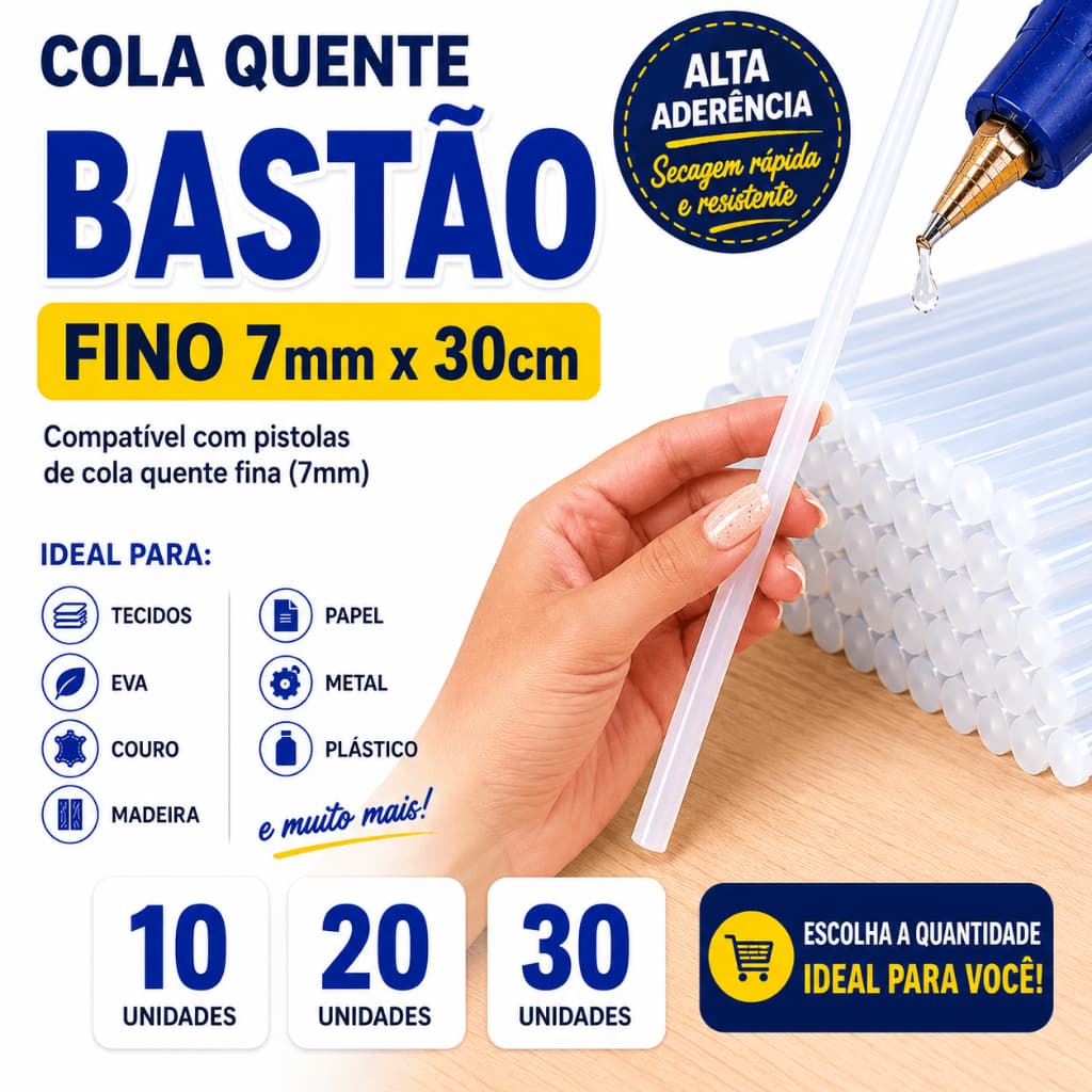Tubo Bastão Cola Quente Fina 7mm Refil Pistola com 10 - 20 - 30 Unidades