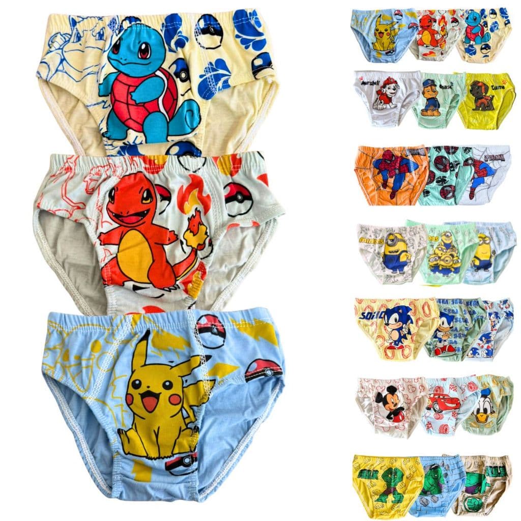 Kit 3 Cuecas Bebê Infantil Personagens 100% Algodão - Tamanho P - M - G Veste de 1 a 8 Anos - 3 unidades