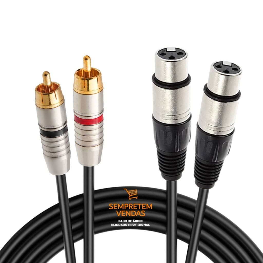 Cabo de Áudio Blindado XLR Fêmea Duplo RCA Macho Duplo Estéreo Interface e Mesa de Som 3 Metros