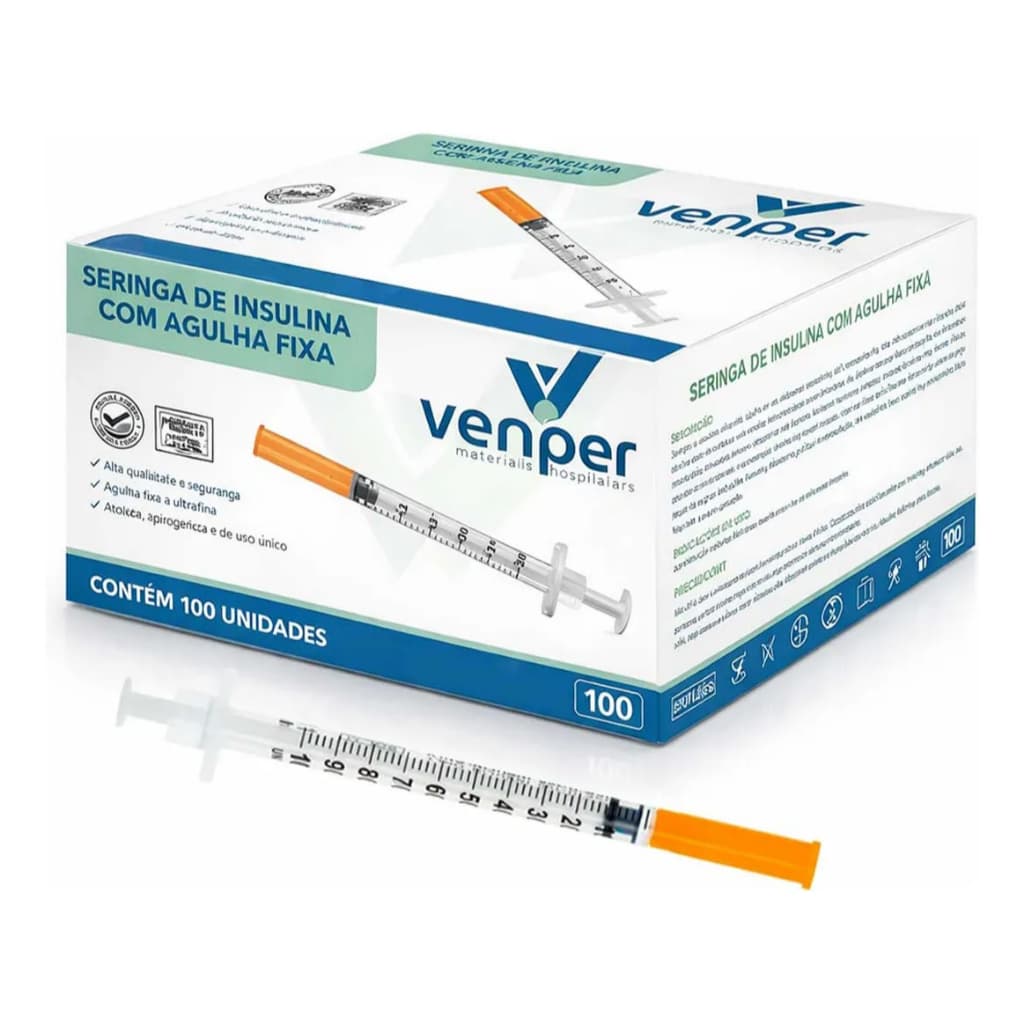 Seringa para Insulina 1ML (100ui) c/ agulha fixa 8mm - ZERO RESÍDUO - SERINGA P/ BOTOX, HORMÔNIOS VP