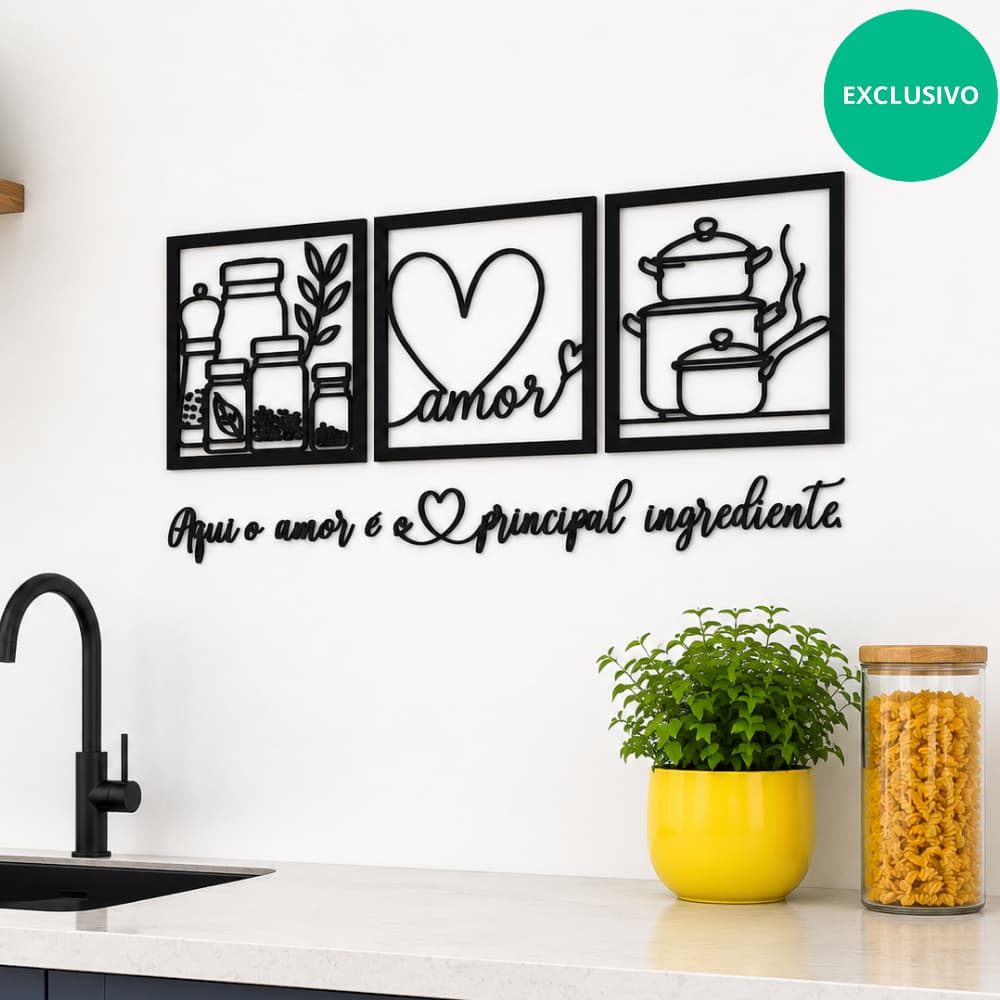 Kit 3 Quadros Cozinha Amor + Frase Aqui o Amor é o Principal Ingrediente Decorativo De Parede
