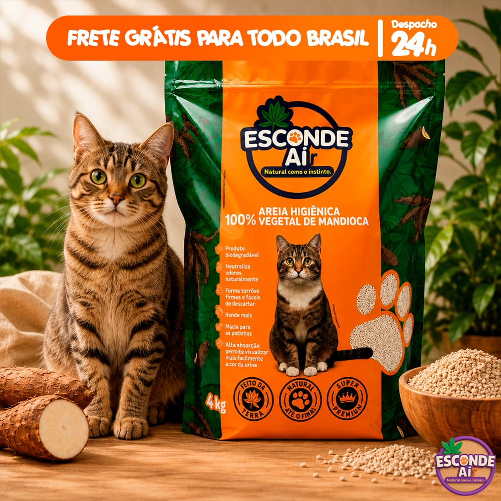 Areia de Gato Mandioca 4KG Granulado Natural Biodegradável Sem Odor Esconde Ai Forma Torrões