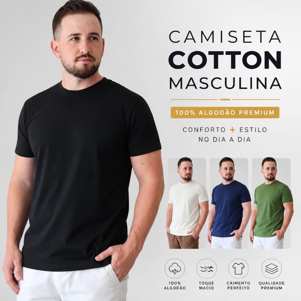 Camiseta Cotton Masculina Lisa 100% Algodão Premium Casual