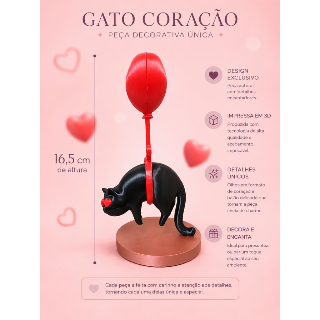 Gatinho Apaixonado com Balão Coração em Impressão 3D | Decoração Fofa e Criativa