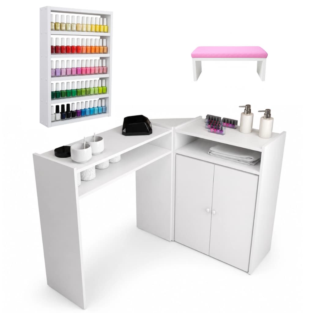 Mesa Manicure Em L Com 2 Portas Salão Spa Branco Completo Moderno + Esmalteira + Apoio De Mãos