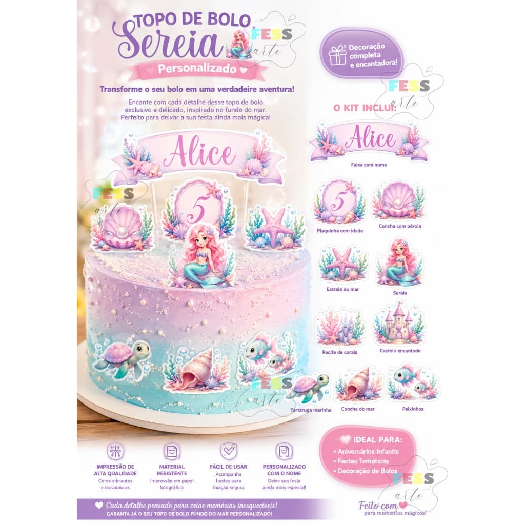 topo de bolo sereia 10 peças personalizado mesversário nome idade decoração jardim revelação barato