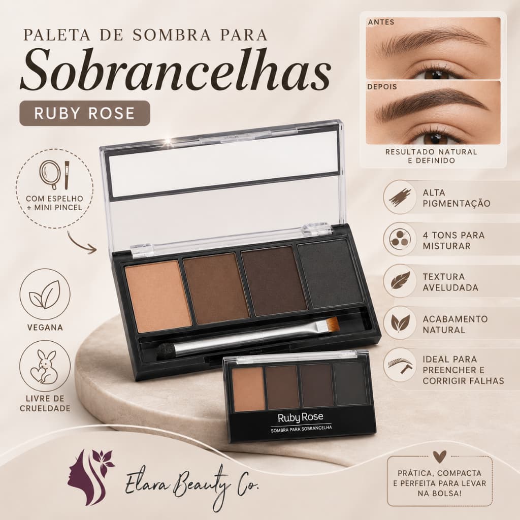 Paleta Sobrancelhas Ruby Rose 4 Cores Quarteto com Pincel e Espelho