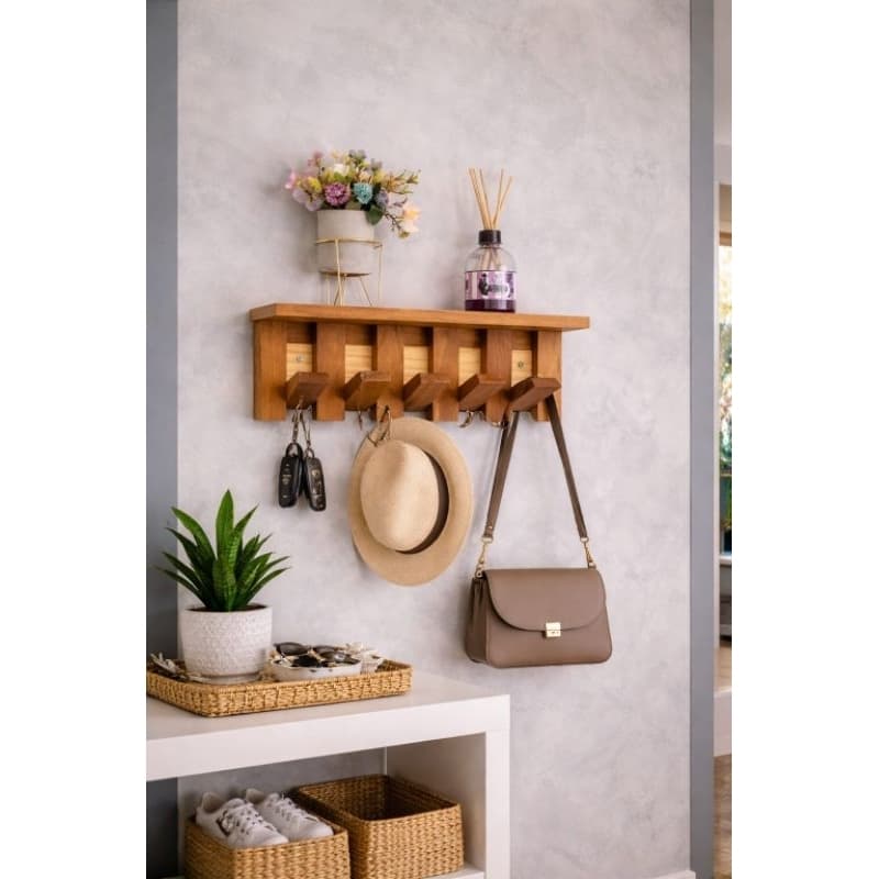 Cabideiro Linear de Parede com Prateleira Decorativa Madeira Maciça – Organizador Multifuncional Hall, Quarto e Banheiro