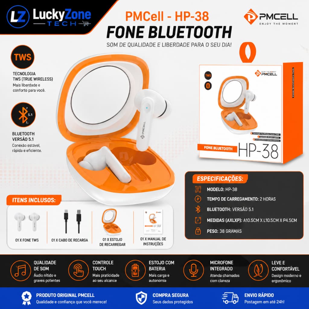 Fone Bluetooth PMCELL HP-38 TWS Sem Fio com Estojo de Recarga Bluetooth 5.1