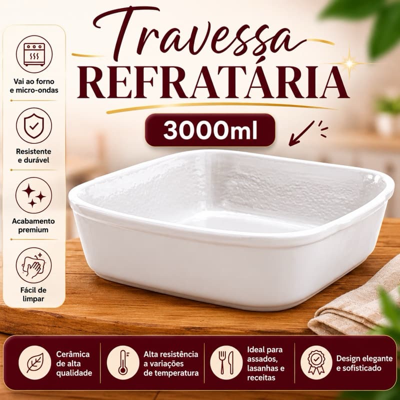 Travessa Refrataria Quadrada Branca 3000ml