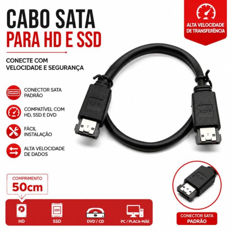 Cabo SATA de Dados para HD SSD e DVD Serial ATA Alta Velocidade 50cm