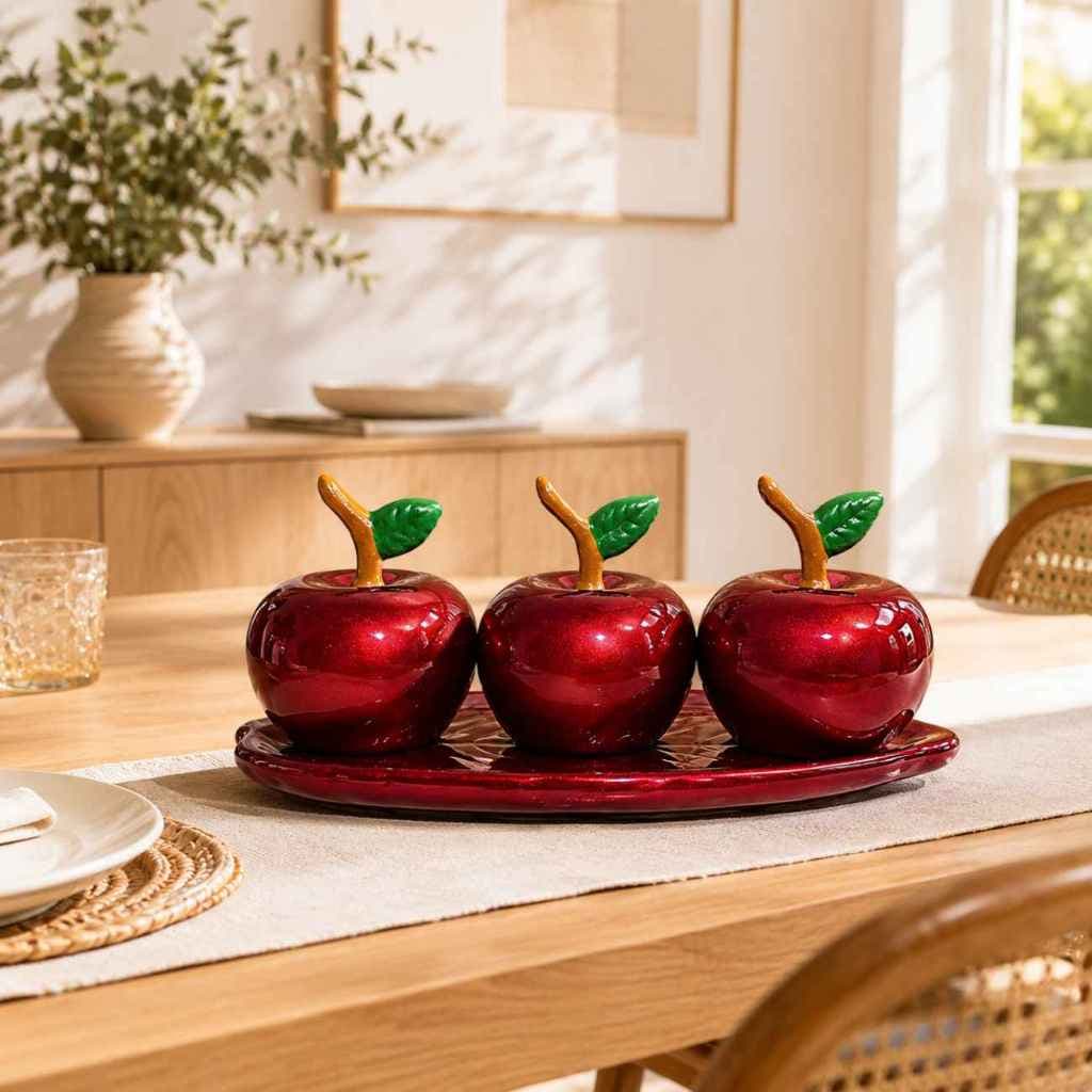 Enfeite Folha com Maças Vermelhas em Cerâmica Decorativo Cozinha Area Gourmet Sala