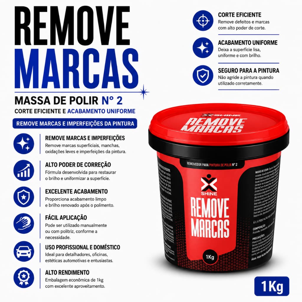 Massa de Polir Nº2 Remove Marcas X-Shine 1kg Risco Profundo Defeito Pintura Carro Alto Brilho