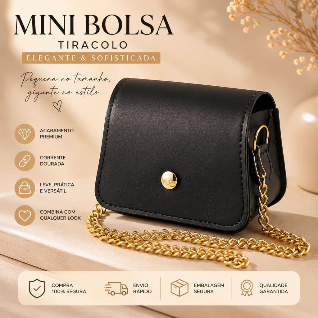 Bolsa Feminina Mini Tiracolo Corrente Dourada Elegante Casual Festa