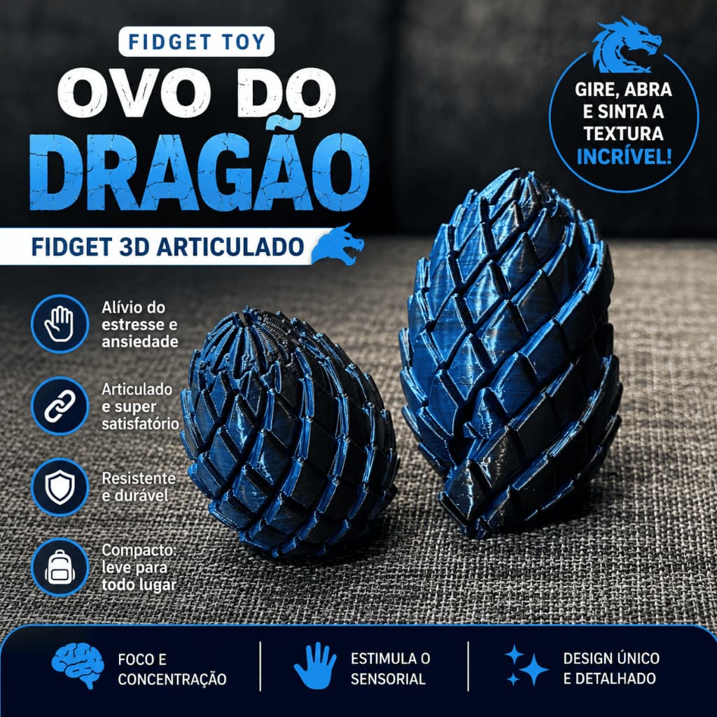 Fidget Toy Ovo de Dragão Articulado 3D Antiestresse Sensorial Decorativo