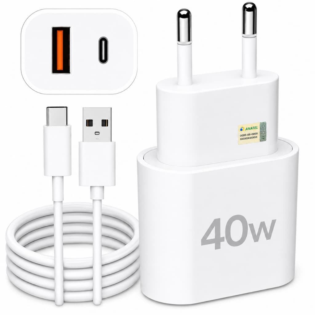 Kit Carregador Turbo 40W 9.1A USB + Cabo USB-C Tipo C – Carregamento Rápido, Fonte Bivolt, Compatível Com Android e IOS