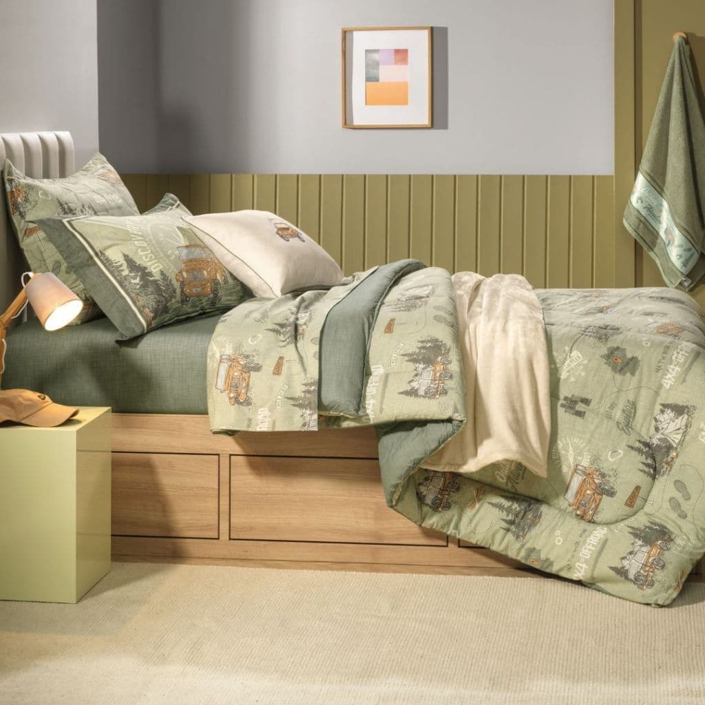 Cama Forest 100% Algodão Percal 200 Fios | Jogo de Cama Casal e Solteiro + Edredom Dupla Face + Almofada Decorativa