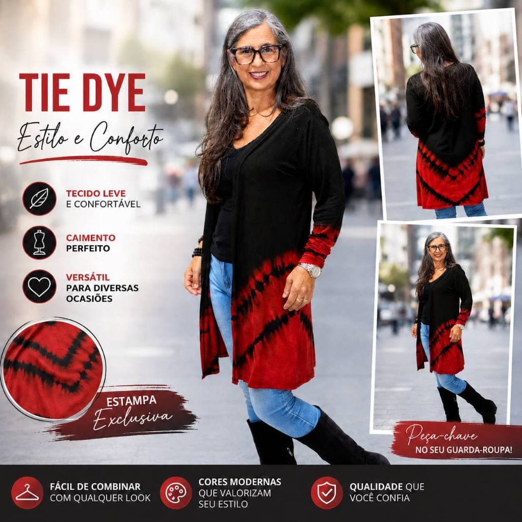 Cardigan Kimono Feminino Tie Dye Manga LongaTamanho:Único Caimento Confortável Peça Aberta Frontal Sobreporsição