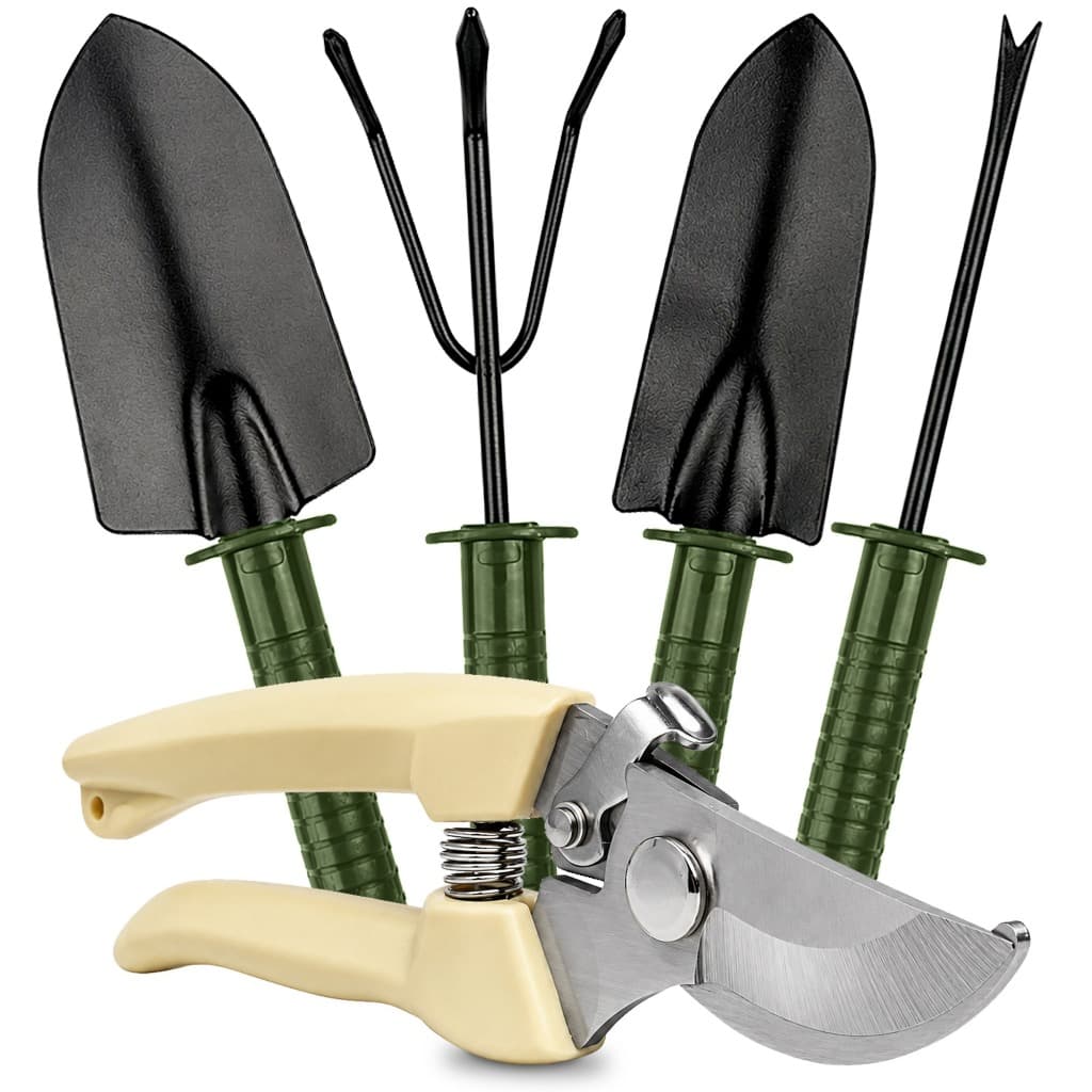Kit Ferramentas de Jardinagem Conjunto Com Alicate Poda Pá Ancinho Metal Cabo Madeira Tesoura Jardim