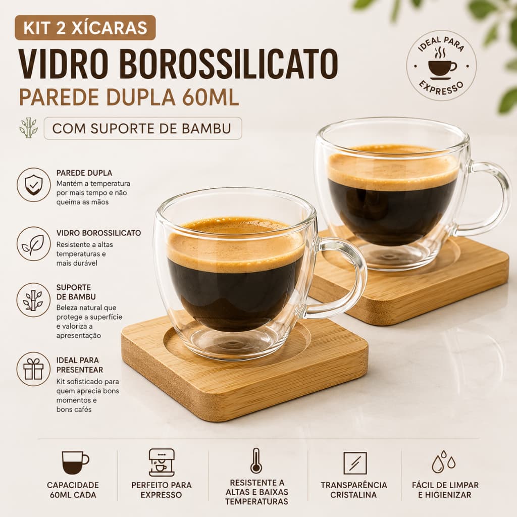 Kit 2 Xícaras Vidro Duplo Parede Dupla 60ml Café Espresso Borossilicato Suporte de Bambu Térmica