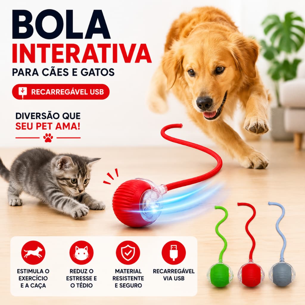 Bola Interativa Inteligente Para Cães e Gatos Recarregável USB Com Cordão Pet