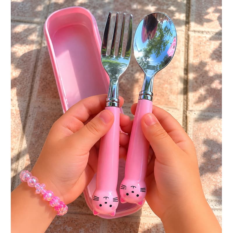 Kit Talher Infantil Inox Com Estojo Garfo Colher Faca Bichinhos Fofo