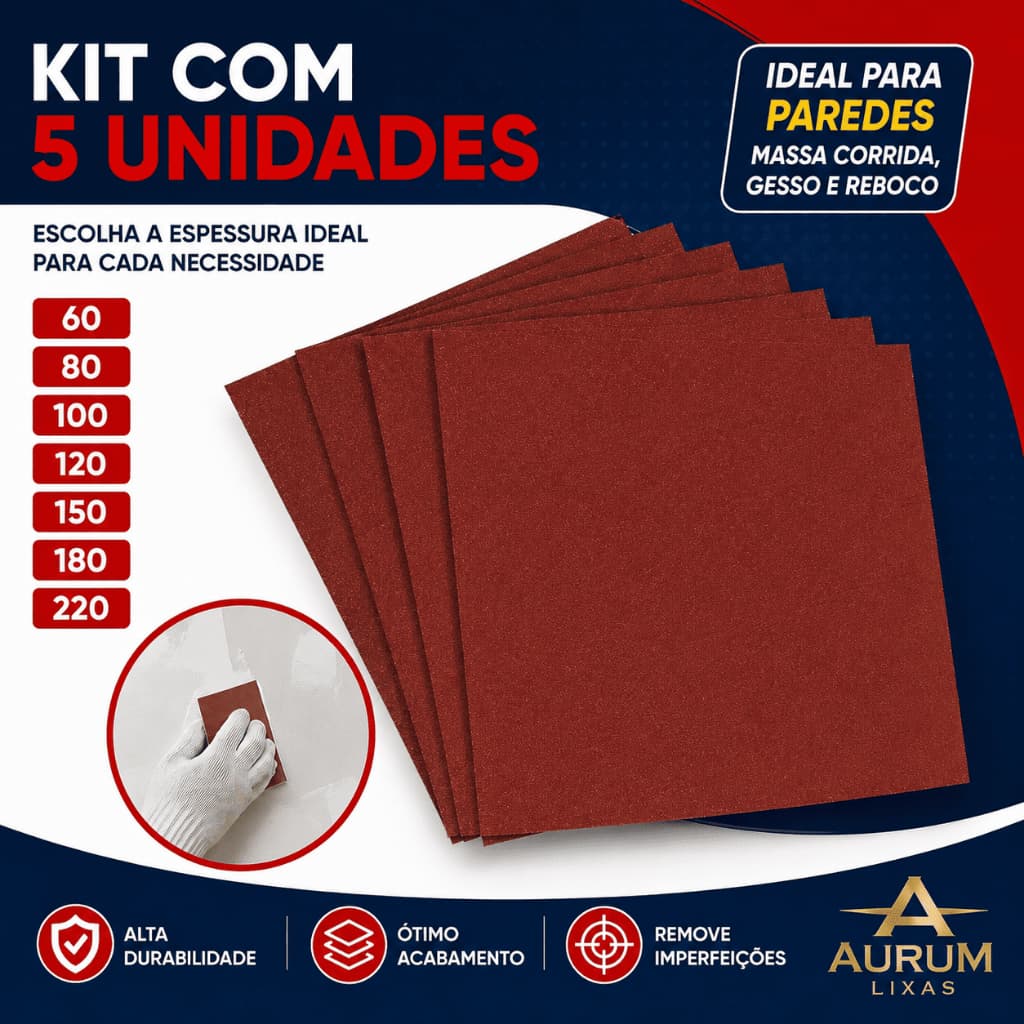 Kit 5 Unidades Lixa Para Massa Parede Reboco Massa Corrida Gesso e Madeira 60 A 220 - Lixas Aurum