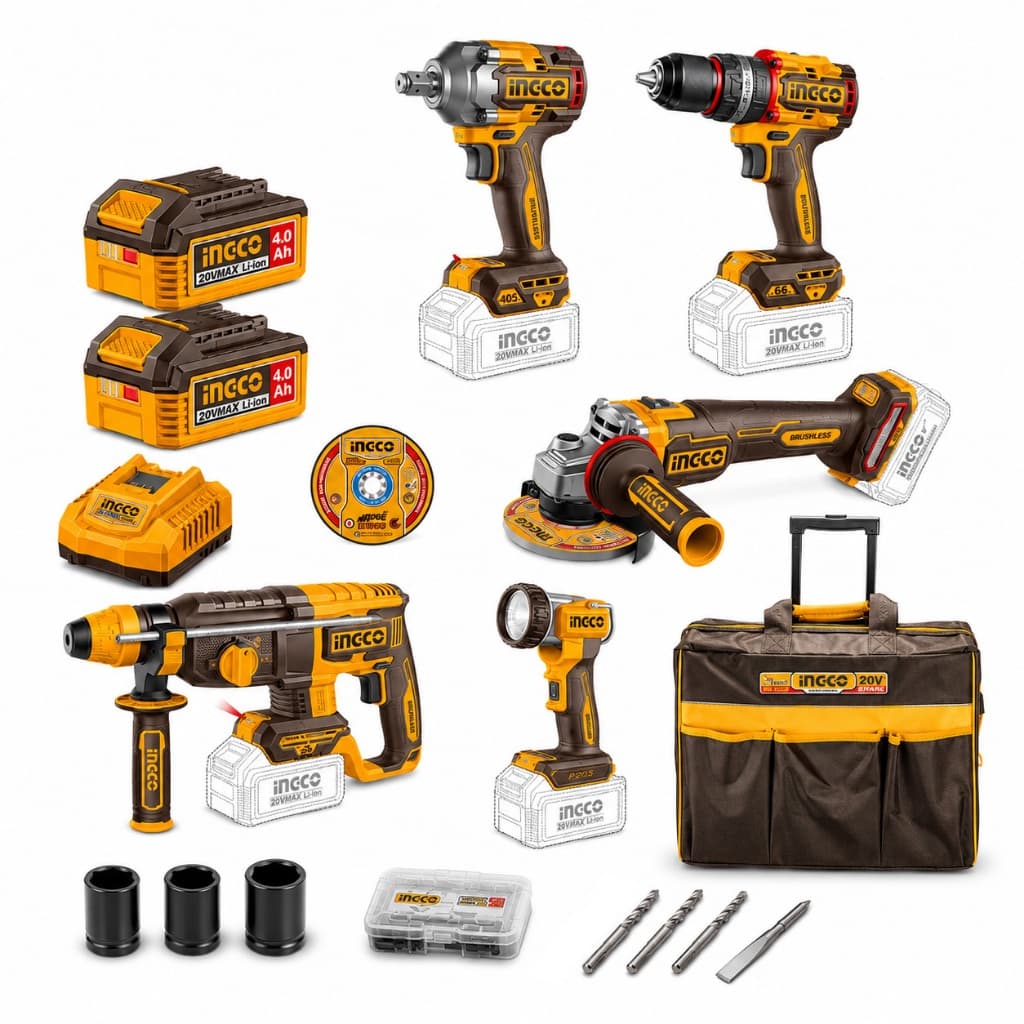 Combo INGCO P20S 20V 5 Em 1 Ferramentas Brushless Profissional 2 Baterias 4.0Ah Bolsa Reforçada