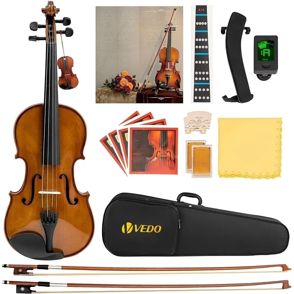 Conjunto de violino VEDO 4/4 em tamanho normal com acabamento fosco, ideal para iniciantes e adultos, incluindo estojo