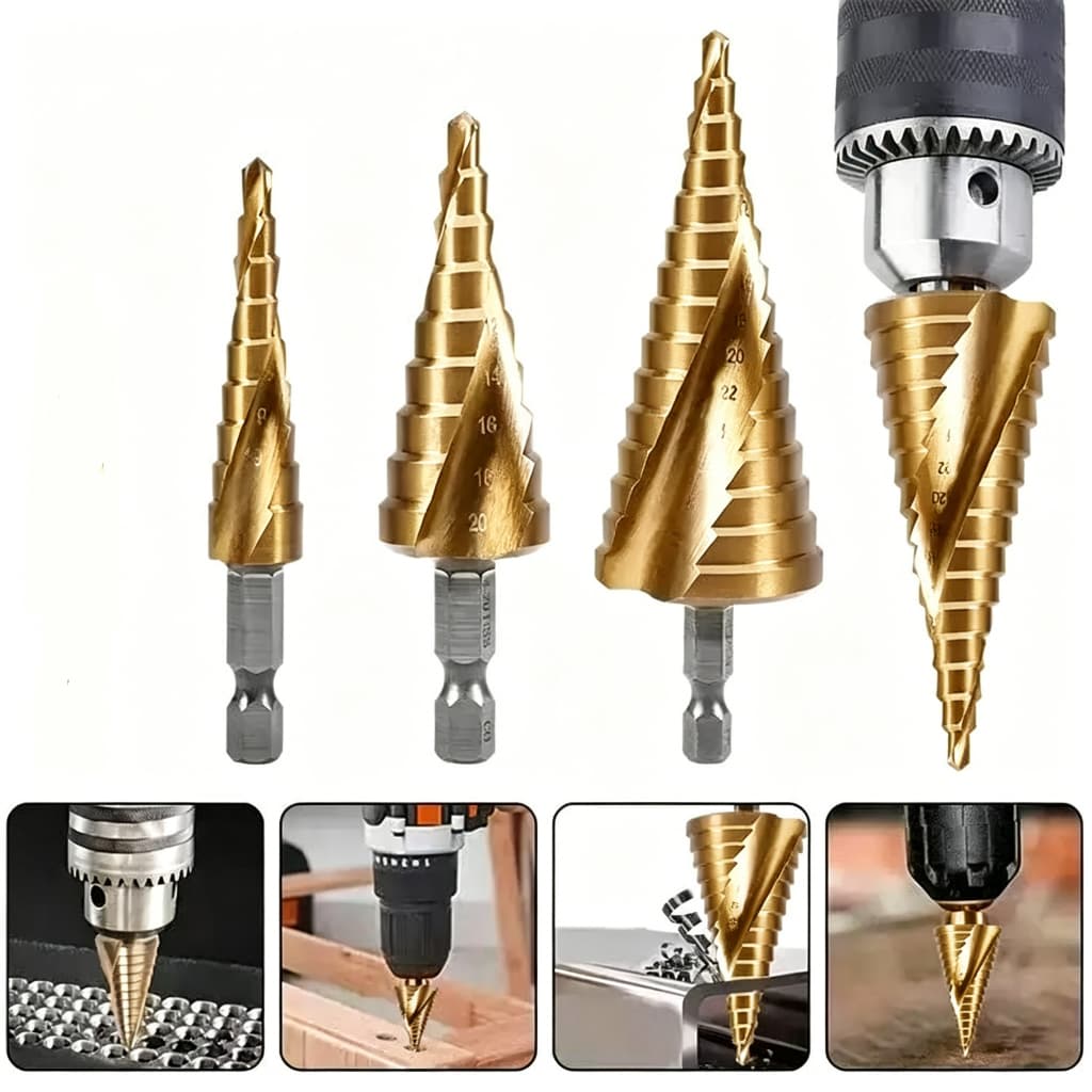 Kit 3 Brocas Escalonadas HSS Broca Cônica para Perfurar Madeira Plástico e Metal Alta Durabilidade