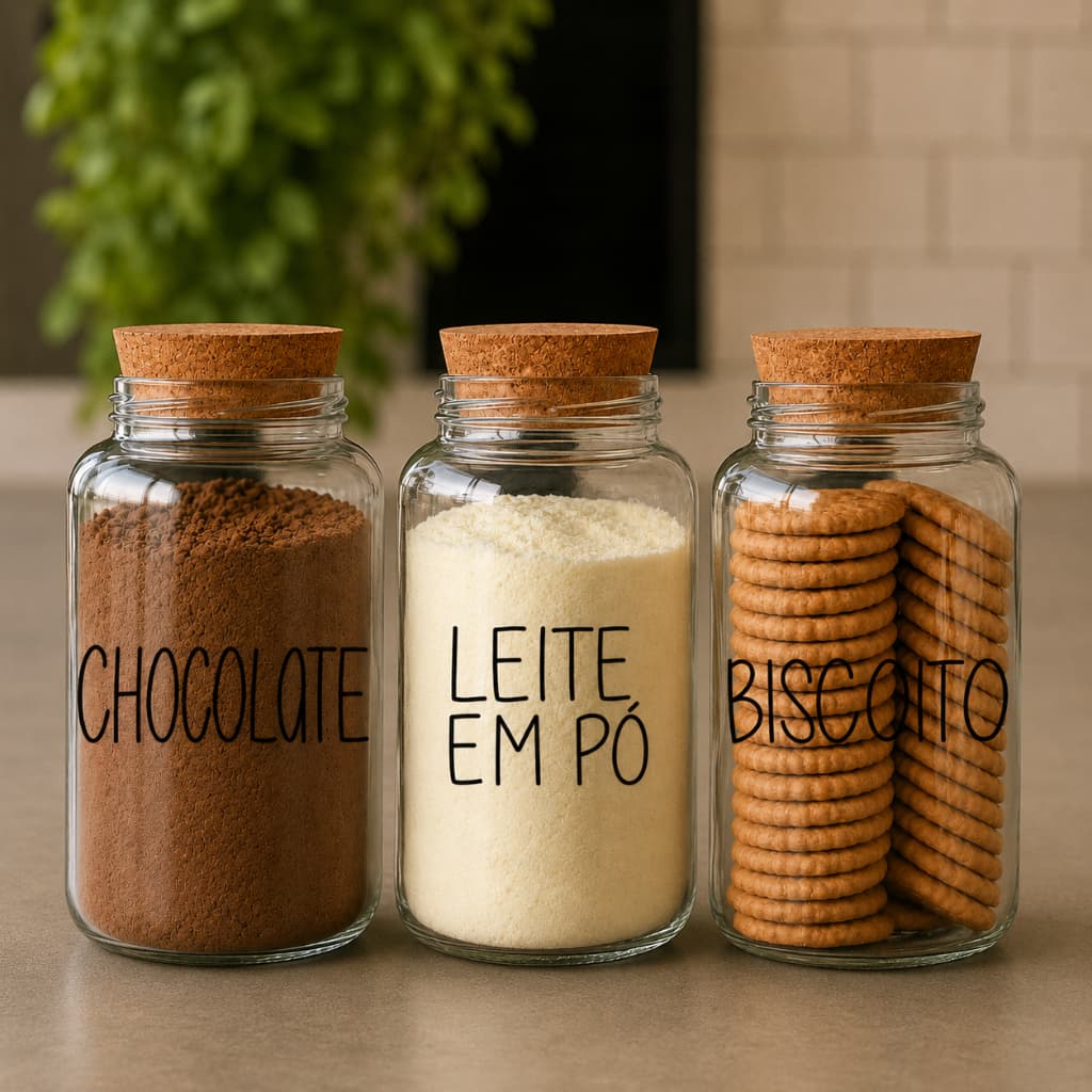 Kit Cantinho do Café – Chocolate, Leite em pó e Biscoito | 3 Potes de Vidro 810ml com Tampa de Rolha Cortiça + Adesivos