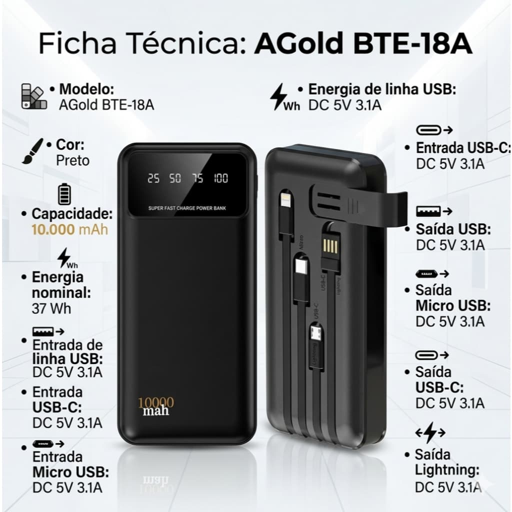 Carregador Portátil Power Bank 10000mAh A’Gold Preto