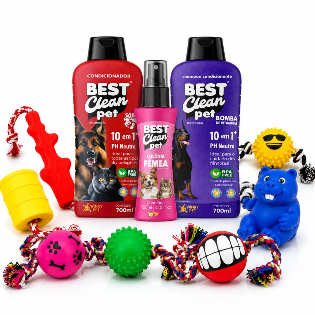 Kit Completo de Shampoo Condicionador Bomba de Vitaminas Pet com Perfume e Brinquedo