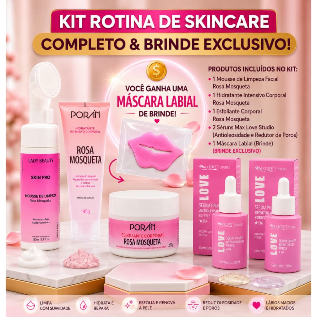 Kit Skincare Completo Facial Limpeza, Hidratação e Sérum Com Brinde Máscara labial Rotina de Pele Perfeita