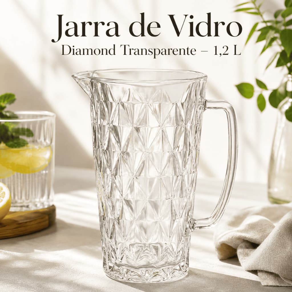 Jarra de Vidro 1,2L Diamond Transparente | Jarra Elegante Grande para Suco, Água e Drinks |