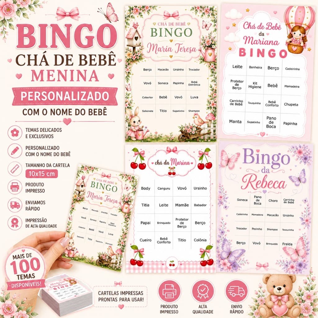 Bingo Chá de Bebê - Chá de Fralda Menina Personalizado | Tema Floral | Borboleta | Cerejinha | Jardim Encantado | Safari