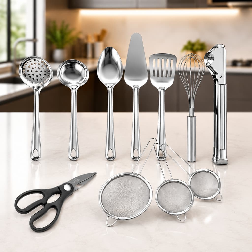 Kit Utensílios Cozinha Inox Colher Servir Concha Pegador Espatula Bolo Escumadeira Tesoura Peneiras Batedor Ovos