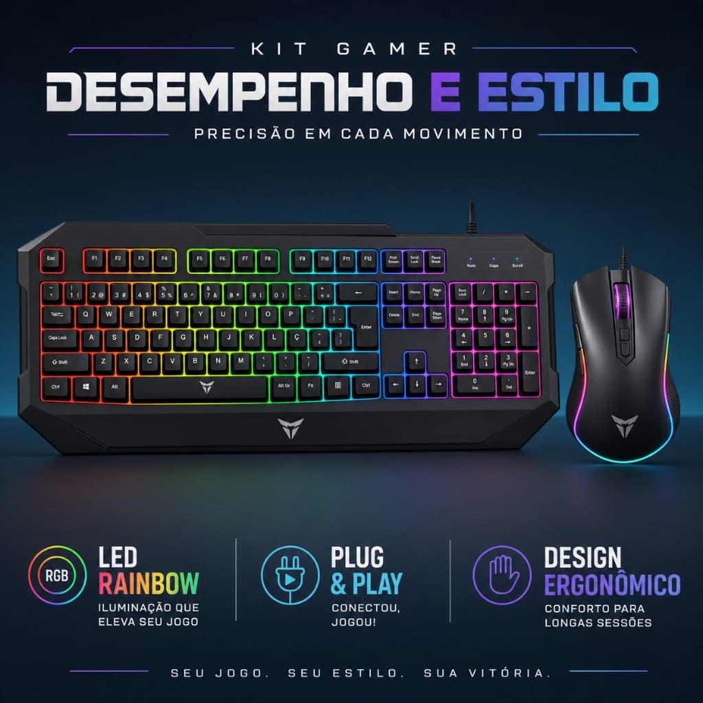 Kit Gamer Knup Madset TE124 - Teclado LED Rainbow + Mouse Ergonômico RGB