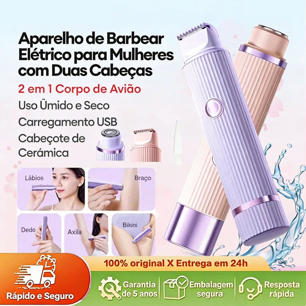 Depilador Elétrico Feminino Recarregável, Navalha Dupla - Removedor de Pelos 2000mah