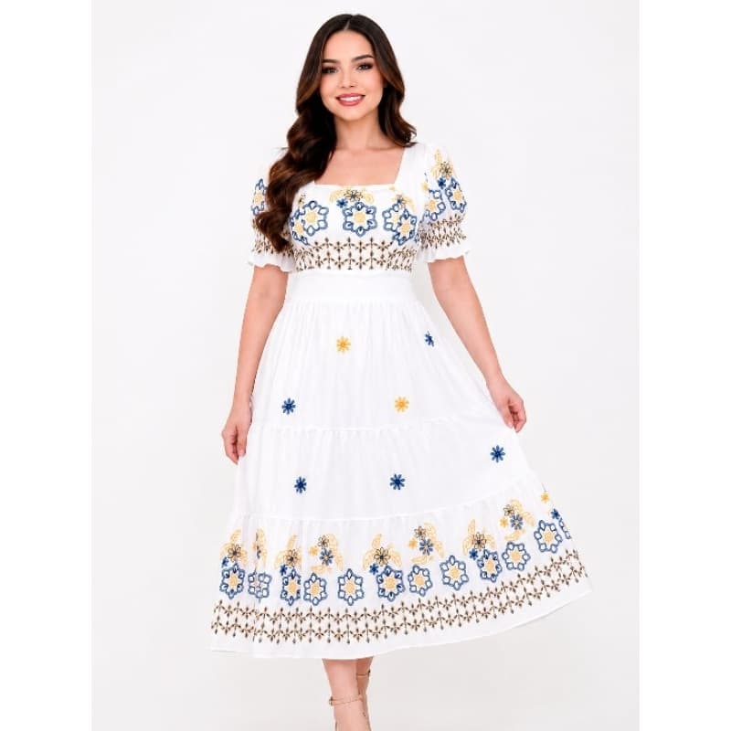 Vestido Midi Bordado Feminino Viscomida Forrado Elegante Manga Curta Cintura com Elástico Moda Evangélica Casual
