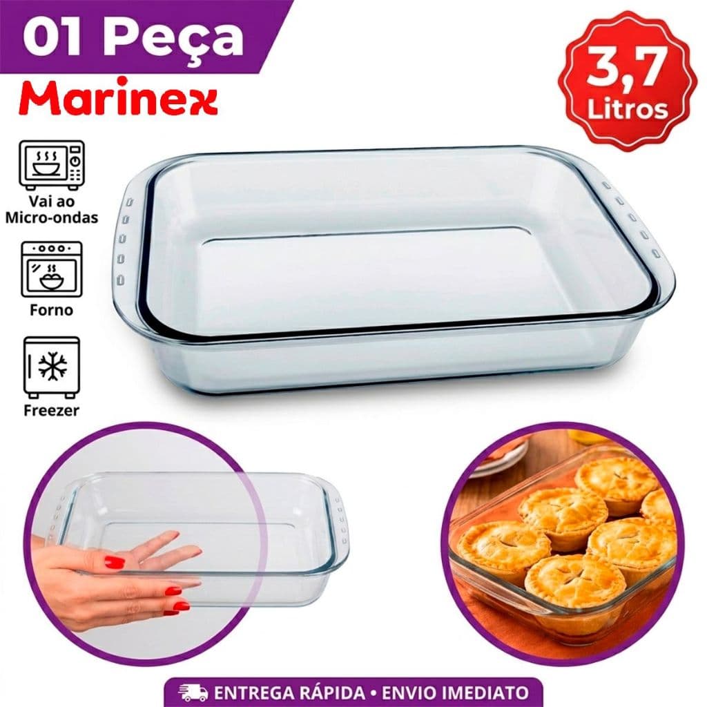 Assadeira Marinex Retangular Travessa de Vidro Temperado Resistente 3,7 Litros Vai ao Forno