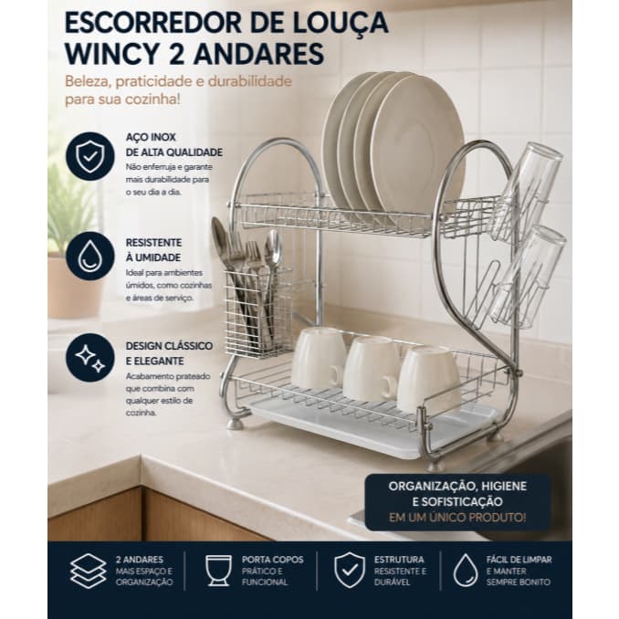Escorredor de Louça em  Aço Inox  com 2 Andares e Porta Copos- Wincy