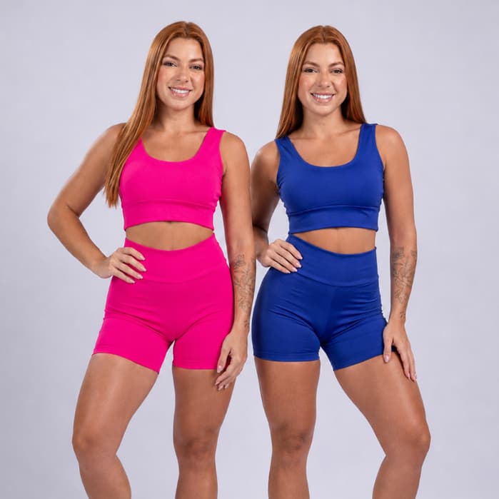 Kit 2 Conjuntos Fitness Short e Top Academia Cintura Alta Suplex