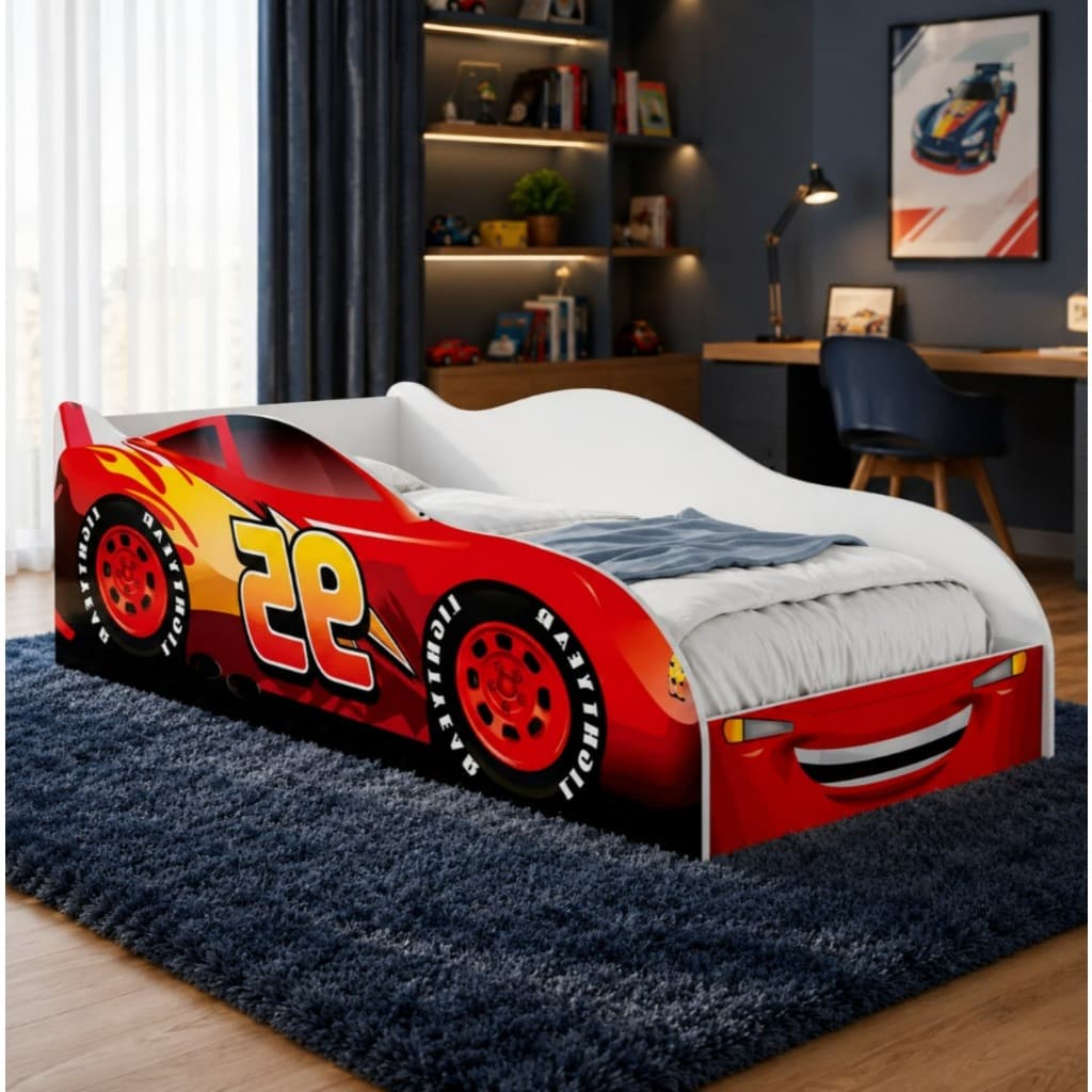 Cama Carro Infantil Vermelha e Azul Acompanha Colchão cama em MDF Baixa e Segura para Mais Autonomia