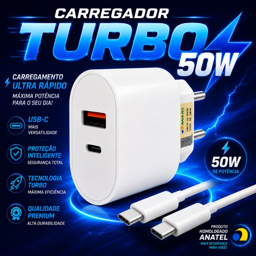 Carregador Turbo 50W USB e USB-C + Cabo USB-C Power Delivery Carregamento Rápido iPhone Samsung Xiaomi Motorola