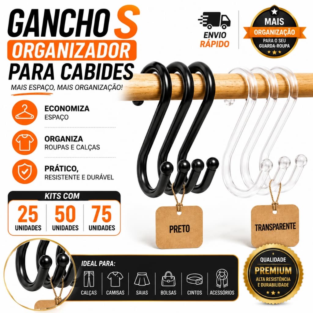 kit 25 - 50 - 75 cabides Cabide Gancho S Preto/ acrílico Para Calças Jeans jaquetas roupas shorts