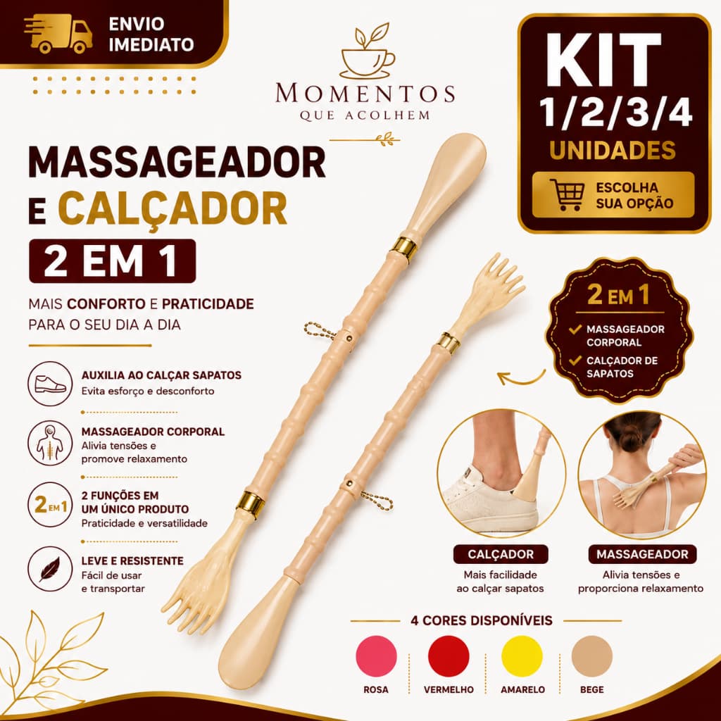 Massageador Corporal e Calçador 1/2/3/4 de Sapatos 2 em 1 Coçador de Costas Longo 47cm Cores Sortidas